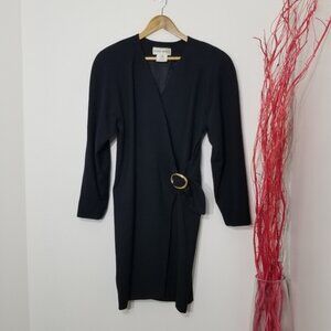 Nicole Neault Vintage Black Retro 100% Wool Bucklet Long Sleeve 80's Dress